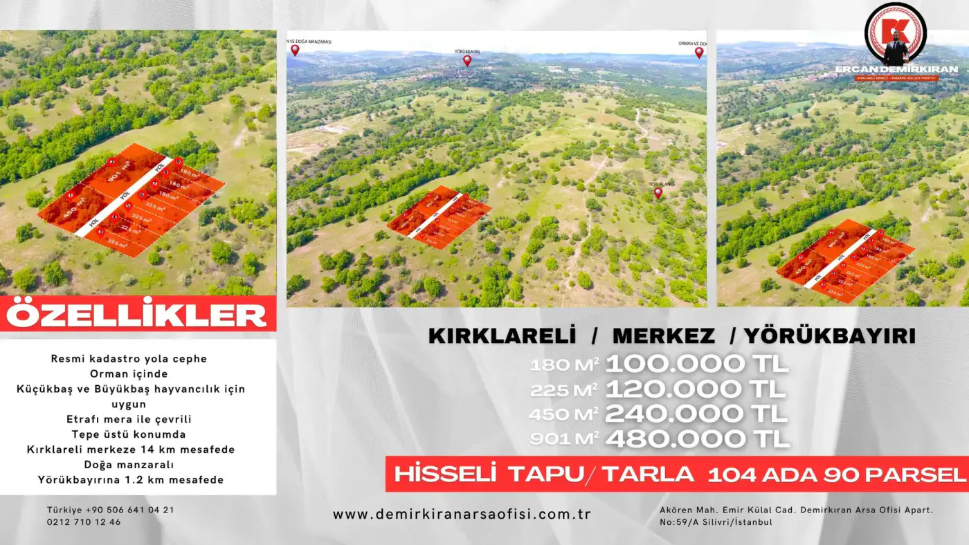 KIRKLARELİ MERKEZ YÖRÜKBAYIRI’NDA 180–901 M² FARKLI METREKARE ALTERNATİFLERİ