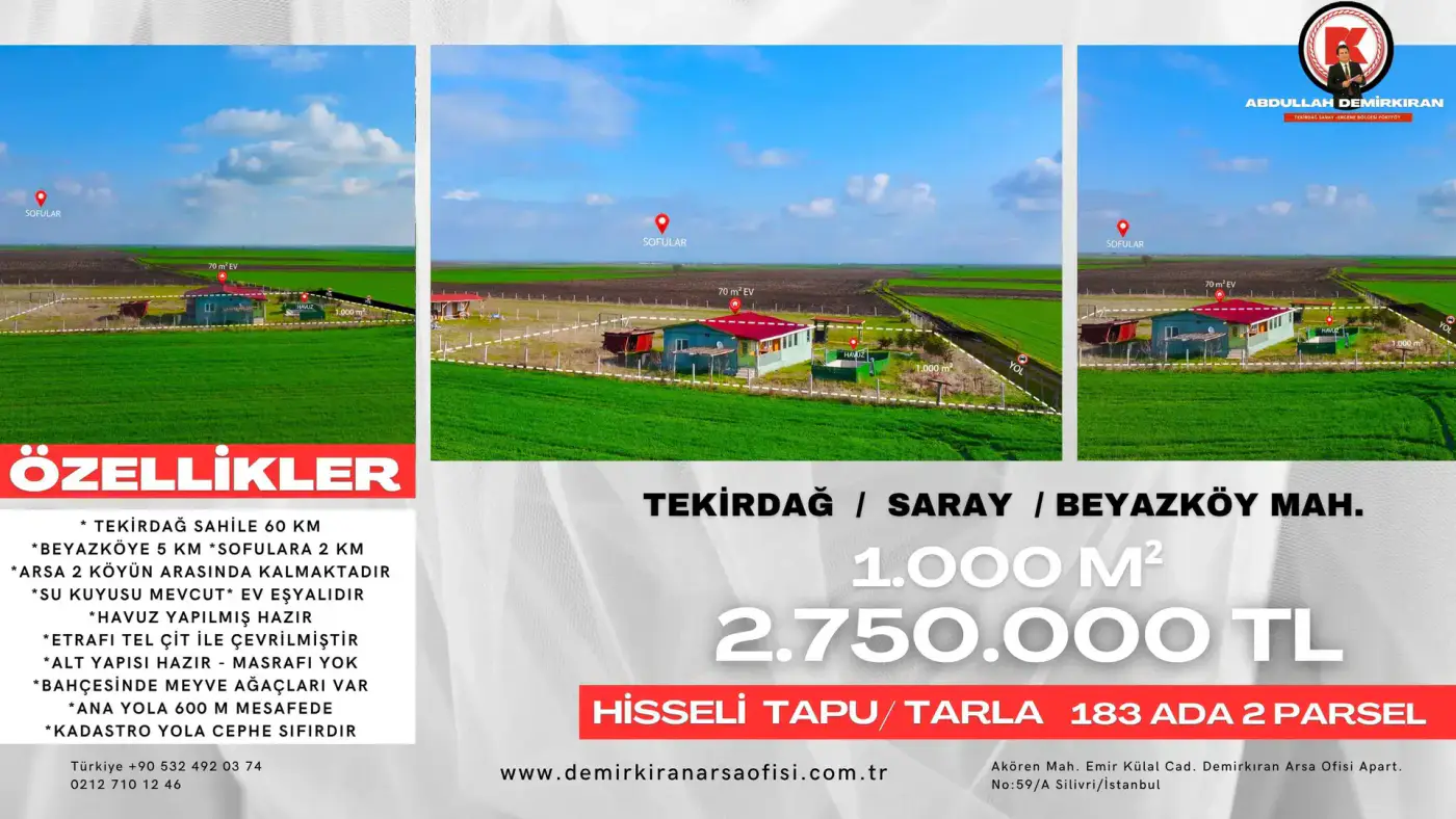 TEKİRDAĞ BEYAZKÖY BÖLGESİNDE 1.000 M² KONUM AVANTAJIYLA ÖNE ÇIKAN ARAZİ